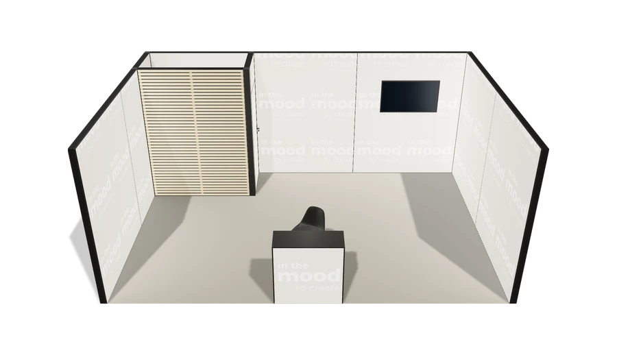 Układ z góry stoiska targowego stoisko szeregowe 6x4 m100 led z zapleczem z2 r0 s0 l1 e1 p0 w0 m0 g0 a0