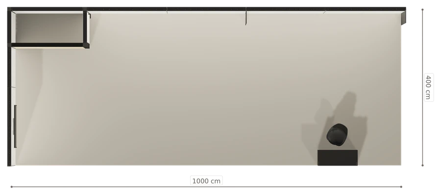 Rzut z góry stoiska stoisko narozne lewe 10x4 m100 led z zapleczem z2 r0 s0 l1 e1 p0 w0 m0 g0 a0
