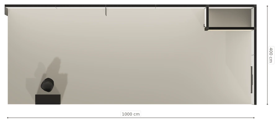 Rzut z góry stoiska stoisko narozne prawe 10x4 m100 led  z zapleczem z2 r0 s0 l1 e1 p0 w0 m0 g0 a0
