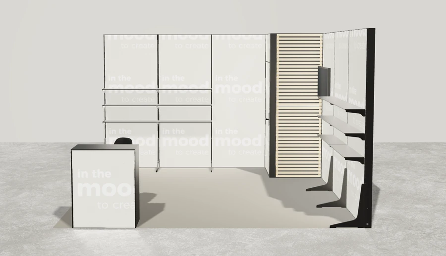 Od frontu stoiska targowego stoisko narozne prawe 4x4 m100 led  ekspozycyjny xl z1 r2 s0 l1 e1 p0 w0 m0 g0 a0