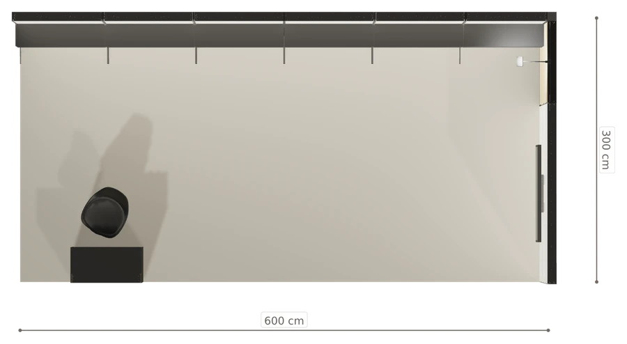 Rzut z góry stoiska stoisko narozne prawe 6x3 m100 led  ekspozycyjny xl z0 r2 s0 l1 e1 p0 w0 m0 g0 a0