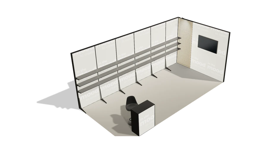 Układ z góry stoiska targowego stoisko narozne prawe 6x3 m100 led  ekspozycyjny xl z0 r2 s0 l1 e1 p0 w0 m0 g0 a0