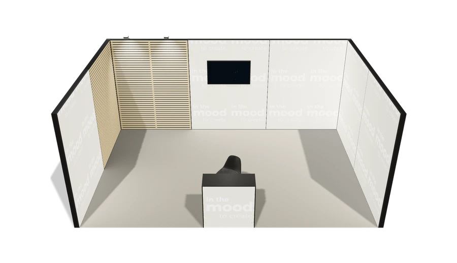 Układ z góry stoiska targowego stoisko szeregowe 6x4 m100 led z ekranem z0 r0 s0 l1 e1 p0 w0 m0 g0 a0