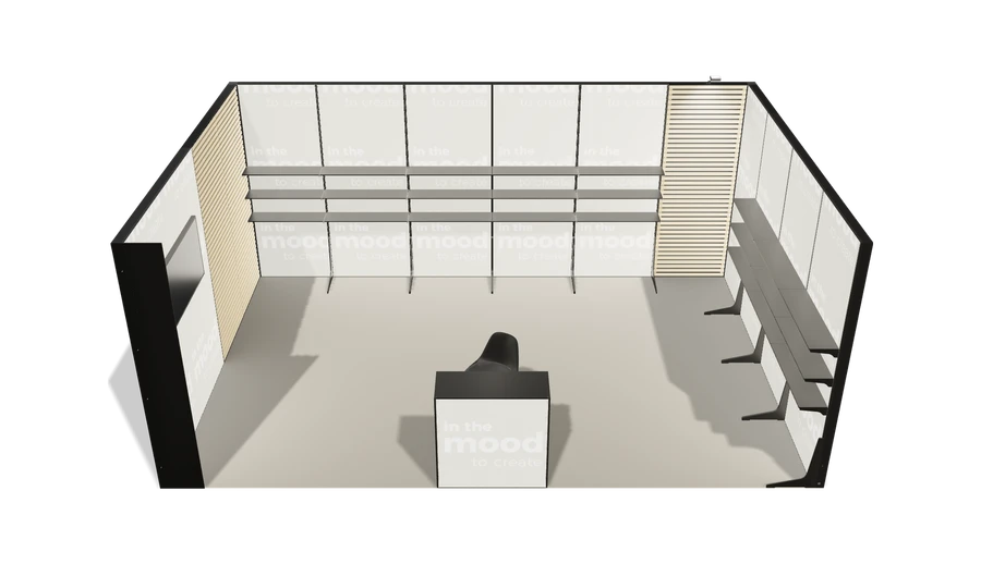 Układ z góry stoiska targowego stoisko szeregowe 6x4 m100 led ekspozycyjny xl z0 r2 s0 l1 e1 p0 w0 m0 g0 a0