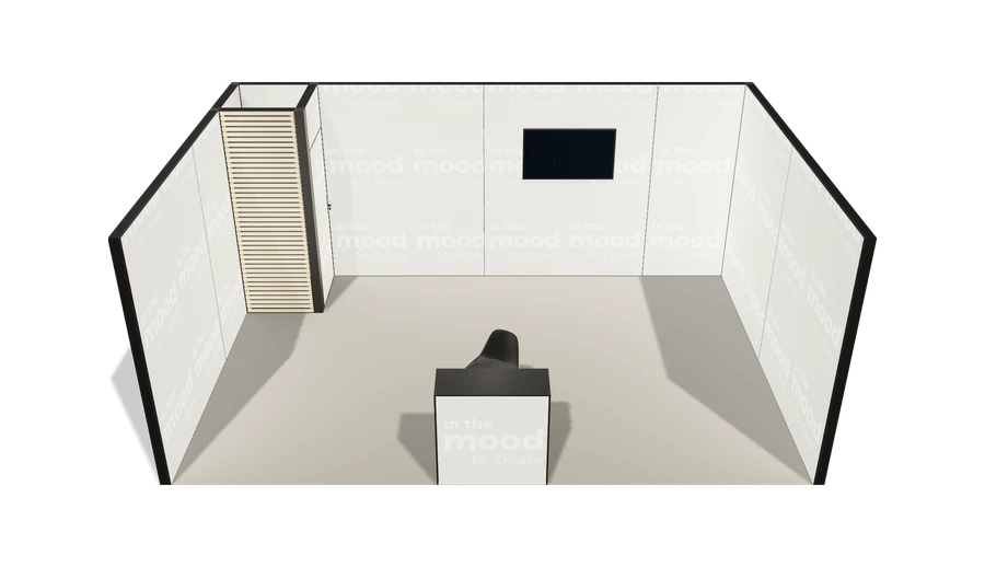 Układ z góry stoiska targowego stoisko szeregowe 6x4 m100 led z zapleczem z1 r0 s0 l1 e1 p0 w0 m0 g0 a0