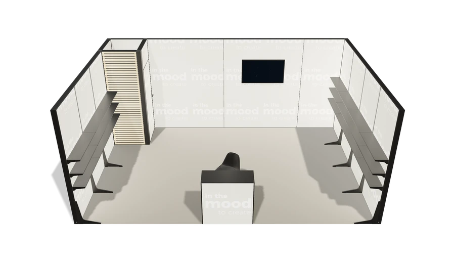 Układ z góry stoiska targowego stoisko szeregowe 6x4 m100 led ekspozycyjny xl z1 r2 s0 l1 e1 p0 w0 m0 g0 a0