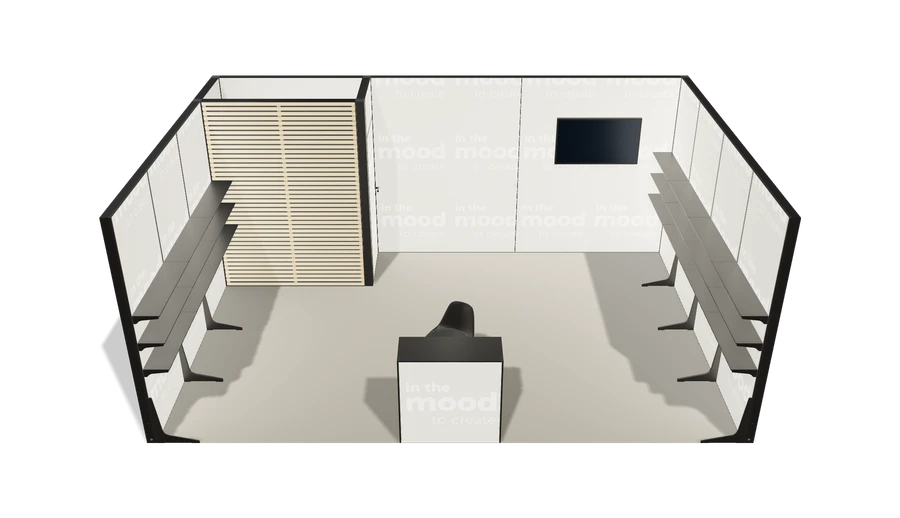 Układ z góry stoiska targowego stoisko szeregowe 6x4 m100 led  ekspozycyjny xl z2 r2 s0 l1 e1 p0 w0 m0 g0 a0