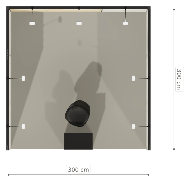 Rzut z góry stoiska stoisko szeregowe 3x3 m50  podstawowy z0 r0 s0 l1 e0 p0 w0 m0 g0 a0