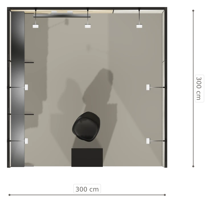 Rzut z góry stoiska stoisko szeregowe 3x3 m50  ekspozycyjny z0 r1 s0 l1 e1 p0 w0 m0 g0 a0