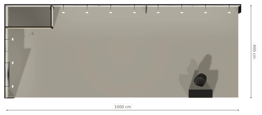 Rzut z góry stoiska stoisko narozne lewe 10x4 m50 z zapleczem z2 r0 s0 l1 e1 p0 w0 m0 g0 a0