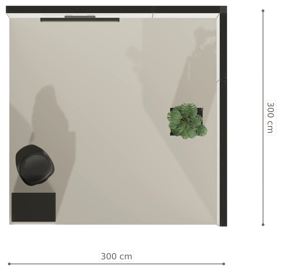 Rzut z góry stoiska stoisko narozne prawe 3x3 m100 led  z ekranem z0 r0 s0 l1 e1 p0 w0 m0 g0 a4 v2 o1