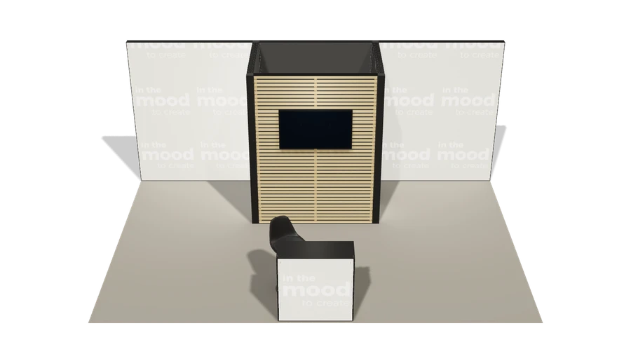 Układ z góry stoiska targowego stoisko polwyspowe 6x4 m100 led z zapleczem z2 r0 s0 l1 e1 p0 w0 m0 g0 a1 v2 o1