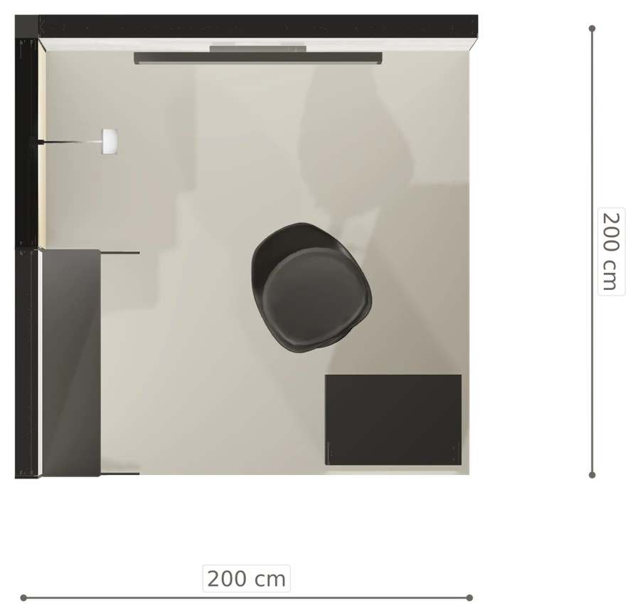 Rzut z góry stoiska stoisko narozne lewe 2x2 m100 led  ekspozycyjny z0 r1 s0 l1 e1 p0 w1 m0 g0 a2 v2 o1