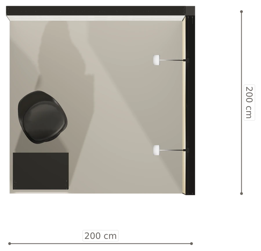 Rzut z góry stoiska stoisko narozne prawe 2x2 m100 led  podstawowy z0 r0 s0 l1 e0 p0 w0 m0 g0 a2 v2 o2