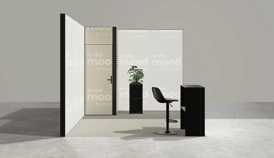 Z boku stoiska targowego stoisko narozne prawe 4x3 m100 led  z zapleczem z1 r0 s0 l1 e0 p0 w0 m0 g0 a0 v2 o1