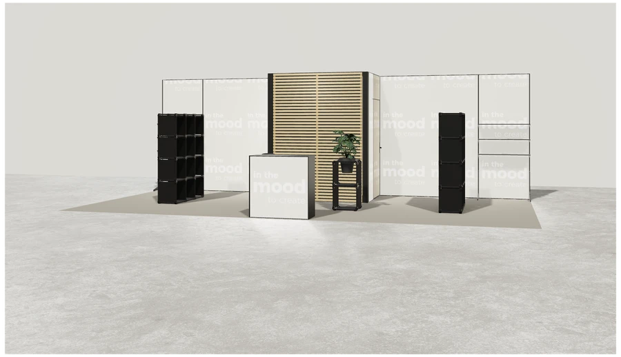 Widok prezentacyjny stoiska targowego stoisko polwyspowe 8x4 m100 led  ekspozycyjny z3 r1 s0 l1 e0 p0 w0 m0 g0 a0 v2 o1