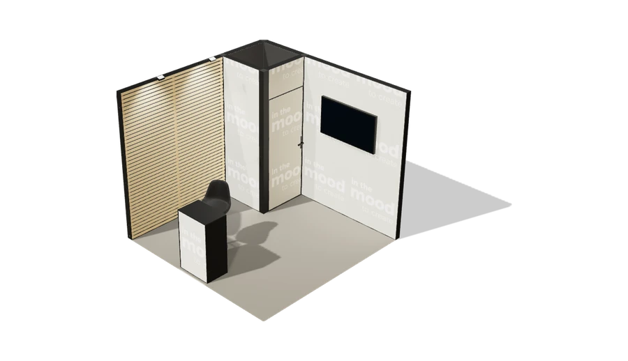 Układ z góry stoiska targowego stoisko narozne lewe 3x3 m100 led z zapleczem z1 r0 s0 l1 e1 p0 w0 m0 g0 a2 v2 o1