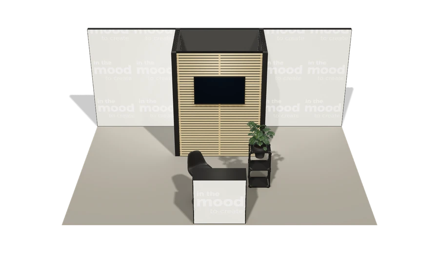 Układ z góry stoiska targowego stoisko polwyspowe 6x4 m100 led  z zapleczem z2 r0 s0 l1 e1 p0 w0 m0 g0 a1 v2 o2