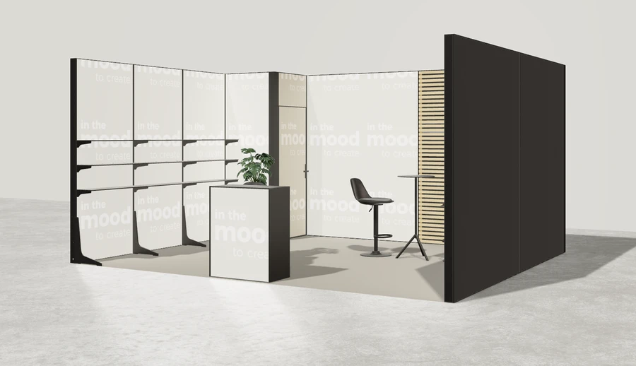 Widok prezentacyjny stoiska targowego stoisko szeregowe 5x4 m100 led ekspozycyjny z1 r1 s0 l1 e1 p0 w0 m0 g0 a0 v2 o1