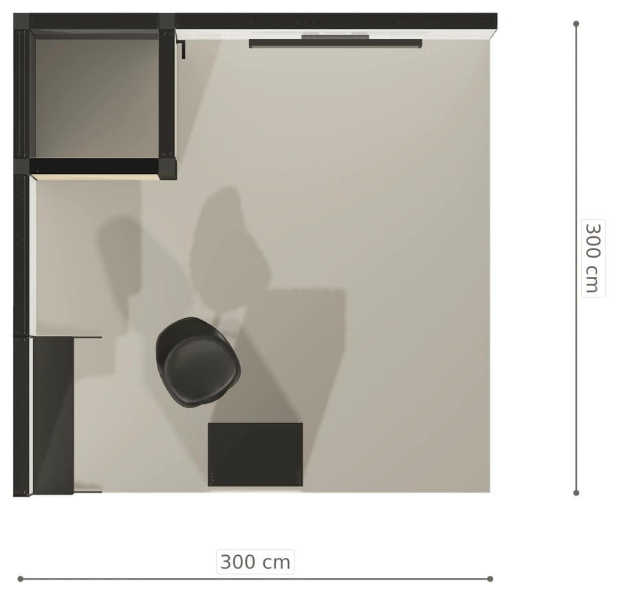 Rzut z góry stoiska stoisko narozne lewe 3x3 m100 led ekspozycyjny z1 r1 s0 l1 e1 p0 w0 m0 g0 a1 v2 o1
