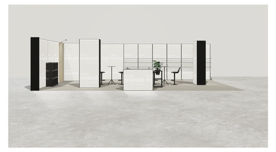 Od frontu stoiska targowego stoisko narozne lewe 10x6 m100 led  ekspozycyjny z1 r1 s0 l1 e0 p0 w0 m0 g0 a2 v2 o1