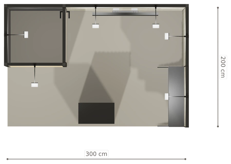 Rzut z góry stoiska stoisko narozne prawe 3x2 m50 ekspozycyjny z1 r1 s0 l1 e1 p0 w0 m0 g0 a1 v2a o1