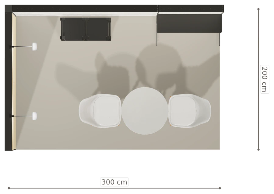 Rzut z góry stoiska stoisko narozne lewe 3x2 m100 led ekspozycyjny z0 r1 s0 l0 e0 p0 w2 m0 g0 a2 v2 o4