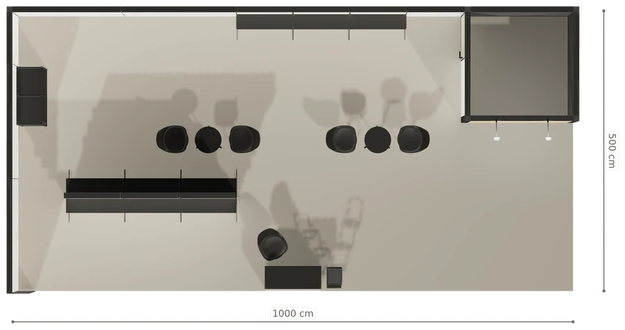Rzut z góry stoiska stoisko narozne lewe 10x5 m100 led ekspozycyjny z3 r1 s0 l1 e0 p0 w2 m0 g0 a0 v2a o4