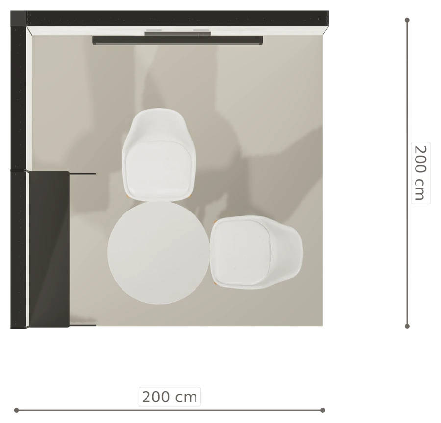 Rzut z góry stoiska stoisko narozne lewe 2x2 m100 led ekspozycyjny z0 r1 s0 l0 e1 p0 w0 m0 g0 a4 v2 o4