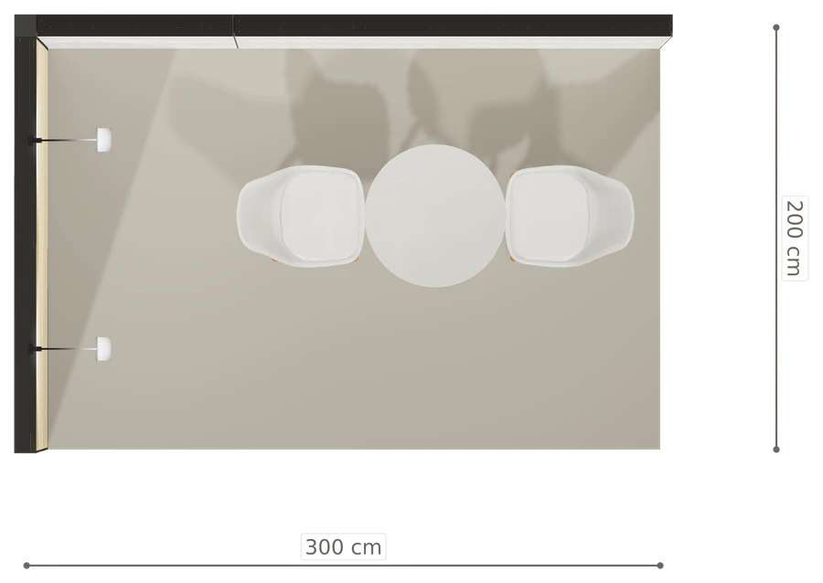 Rzut z góry stoiska stoisko narozne lewe 3x2 m100 led podstawowy z0 r0 s0 l0 e0 p0 w0 m0 g0 a2 v2 o5