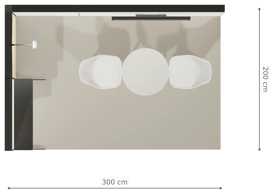 Rzut z góry stoiska stoisko narozne lewe 3x2 m100 led  ekspozycyjny z0 r1 s0 l0 e1 p0 w0 m0 g0 a2 v2 o3