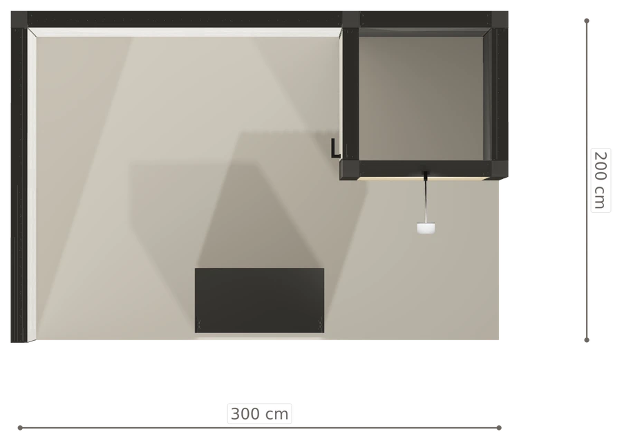 Rzut z góry stoiska stoisko narozne lewe 3x2 m100 led  z zapleczem z1 r0 s0 l1 e0 p0 w0 m0 g0 a1 v2a o3