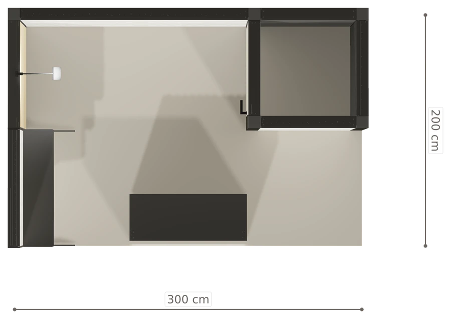 Rzut z góry stoiska stoisko narozne lewe 3x2 m100 led  ekspozycyjny z1 r1 s0 l1 e0 p0 w0 m0 g0 a2 v2a o4