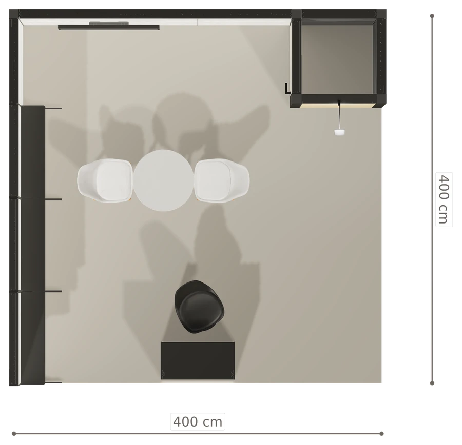 Rzut z góry stoiska stoisko narozne lewe 4x4 m100 led ekspozycyjny xl z1 r2 s0 l1 e1 p0 w0 m0 g0 a1 v2a o1