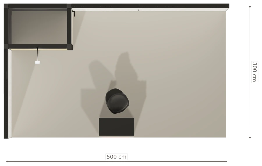 Rzut z góry stoiska stoisko narozne lewe 5x3 m100 led  z zapleczem z2 r0 s0 l1 e0 p0 w0 m0 g0 a1 v2 o1