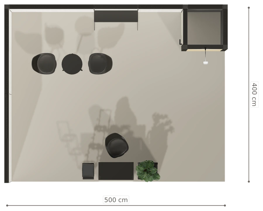 Rzut z góry stoiska stoisko narozne lewe 5x4 m100 led  ekspozycyjny xl z1 r2 s0 l1 e0 p0 w2 m0 g0 a0 v2a o5