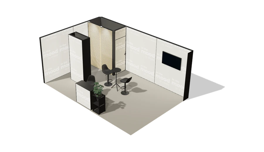 Układ z góry stoiska targowego stoisko narozne lewe 6x4 m100 led  z zapleczem z1 r0 s0 l1 e1 p0 w0 m0 g0 a1 v2 o3