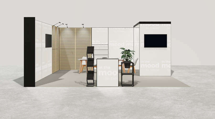 Od frontu stoiska targowego stoisko narozne lewe 6x6 m100 led  pelny z0 r1 s2 l1 e1 p0 w2 m0 g2 a0 v2 o5