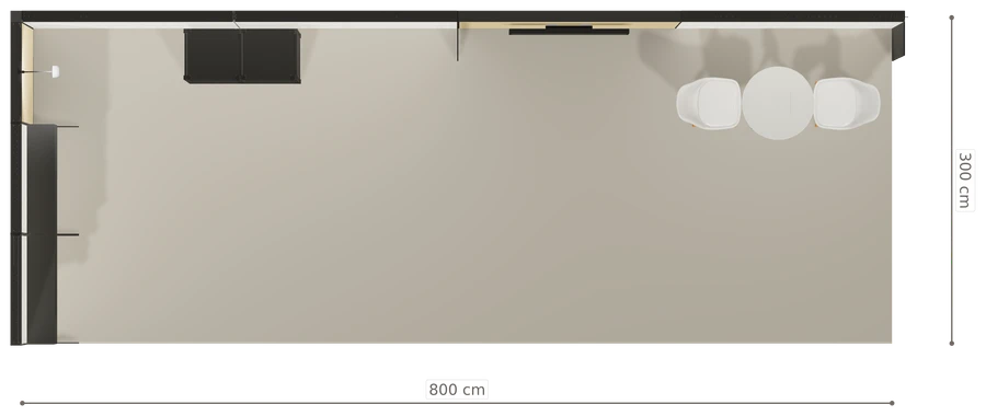 Rzut z góry stoiska stoisko narozne lewe 8x3 m100 led ekspozycyjny xl z0 r2 s0 l0 e1 p0 w0 m0 g0 a0 v2 o5