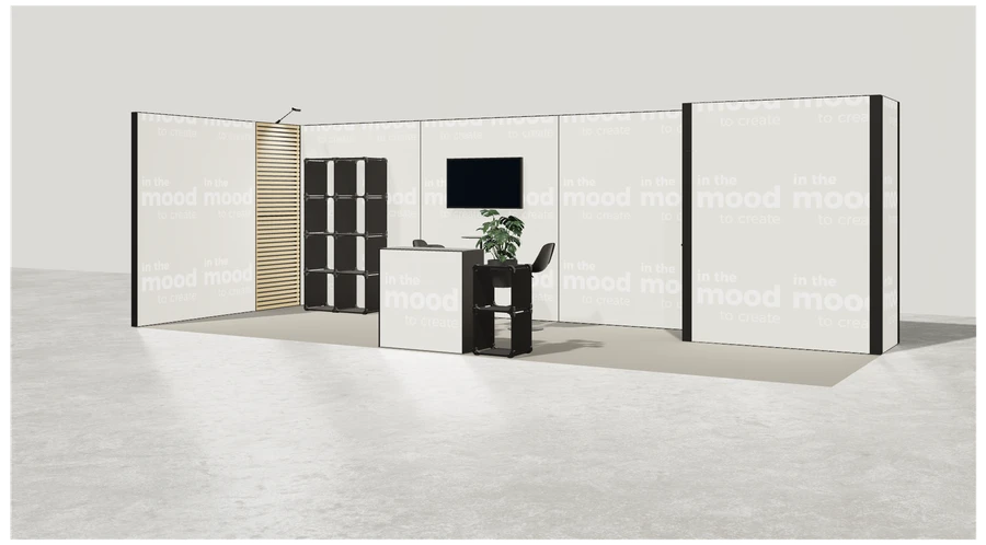 Widok prezentacyjny stoiska targowego stoisko narozne lewe 8x3 m100 led  z zapleczem z2 r0 s0 l1 e1 p0 w0 m0 g0 a2 v2a o3