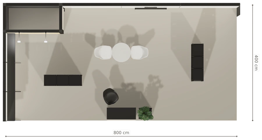 Rzut z góry stoiska stoisko narozne lewe 8x4 m100 led  ekspozycyjny z1 r1 s0 l1 e1 p0 w0 m0 g0 a1 v2 o1
