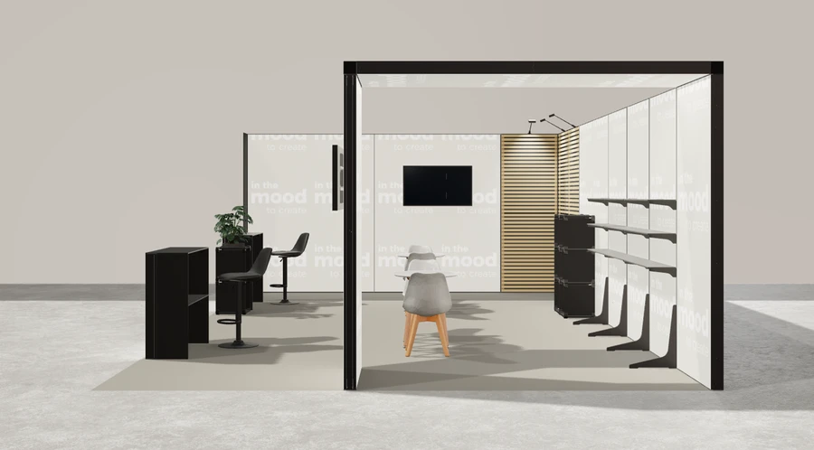 Z boku stoiska targowego stoisko narozne lewe 8x5 m100 led  pelny z0 r1 s2 l1 e1 p0 w2 m0 g1 a0 v2 o5
