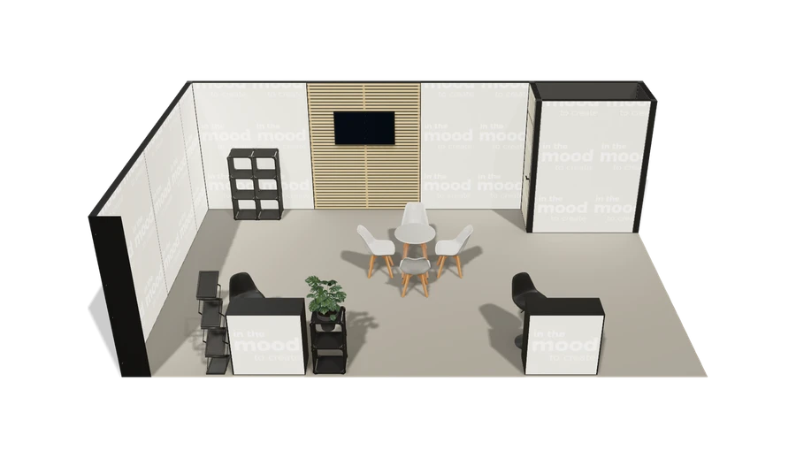 Układ z góry stoiska targowego stoisko narozne lewe 8x5 m100 led  z zapleczem z1 r0 s0 l1 e1 p0 w0 m0 g0 a0 v2a o4