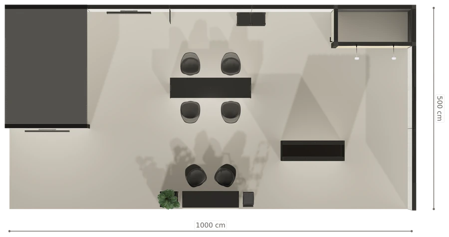Rzut z góry stoiska stoisko narozne prawe 10x5 m100 led pelny z1 r0 s2 l1 e1 p0 w0 m0 g0 a0 v2 o4