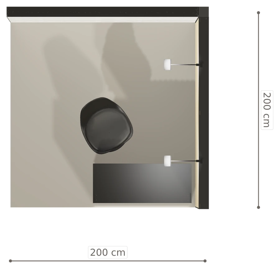 Rzut z góry stoiska stoisko narozne prawe 2x2 m100 led  podstawowy z0 r0 s0 l1 e0 p0 w0 m0 g0 a2 v2 o5