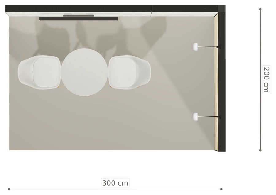 Rzut z góry stoiska stoisko narozne prawe 3x2 m100 led  z ekranem z0 r0 s0 l0 e1 p0 w0 m0 g0 a2 v2 o3