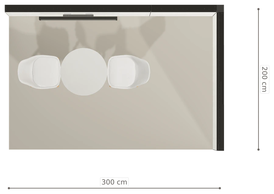Rzut z góry stoiska stoisko narozne prawe 3x2 m100 led z ekranem z0 r0 s0 l0 e1 p0 w0 m0 g0 a4 v2 o5