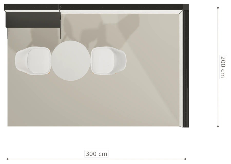 Rzut z góry stoiska stoisko narozne prawe 3x2 m100 led ekspozycyjny z0 r1 s0 l0 e0 p0 w2 m0 g0 a4 v2 o4