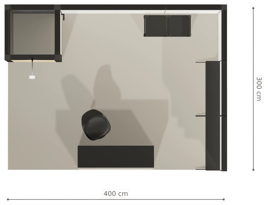 Rzut z góry stoiska stoisko narozne prawe 4x3 m100 led ekspozycyjny xl z1 r2 s0 l1 e0 p0 w1 m0 g0 a0 v2a o3