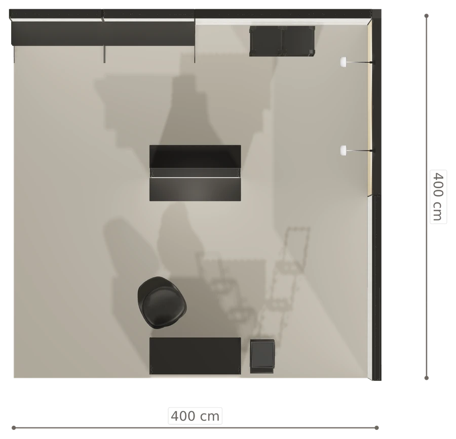 Rzut z góry stoiska stoisko narozne prawe 4x4 m100 led ekspozycyjny z0 r1 s0 l1 e0 p0 w2 m0 g0 a2 v2 o2